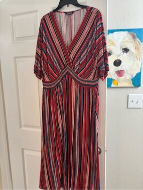 BloomChic Striped V-Neck Midi Dress - Red, Blue, Black Multi